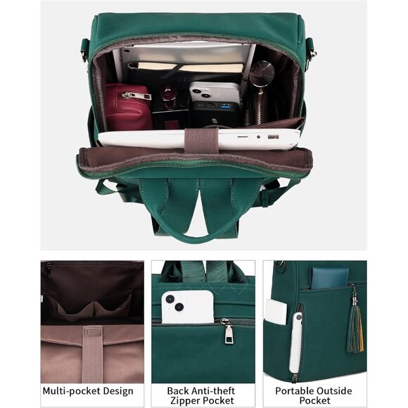 Women's Dark Green Suede Style Backpack Designer 15.6 inch PU Leather Laptop Bag - Picture 3 of 9